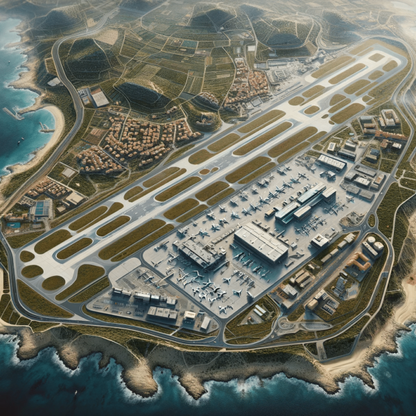 Arbatax Tortoli Airport in Italy, showcasing the airport's layout with its runway, terminal buil(2)