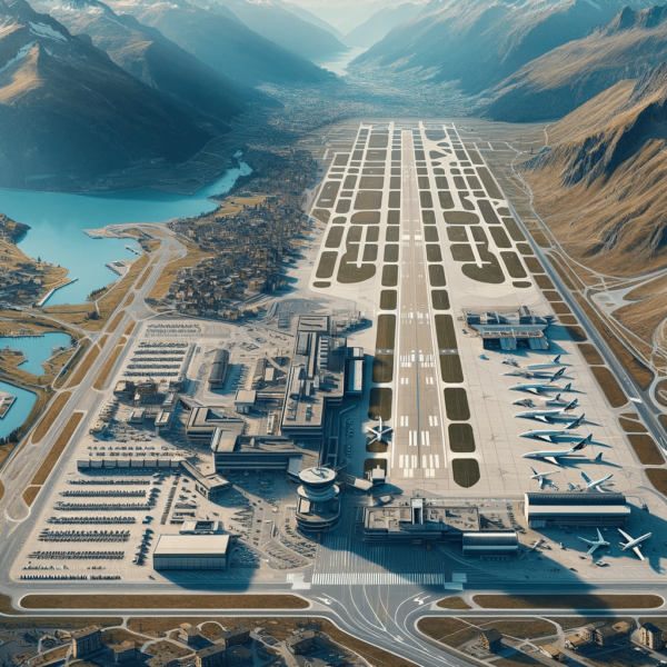 aerial view of Aosta Airport in Italy, capturing the layout of the airport