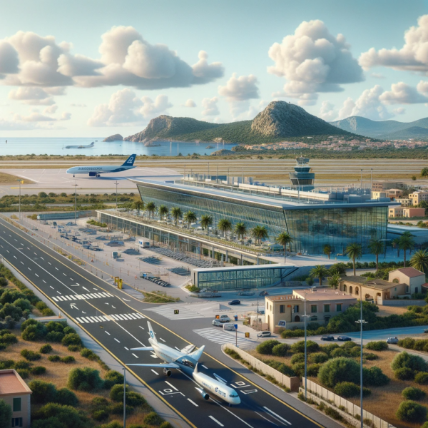 of Alghero Fertilia Airport in Italy. The image should depict the airport's terminal building